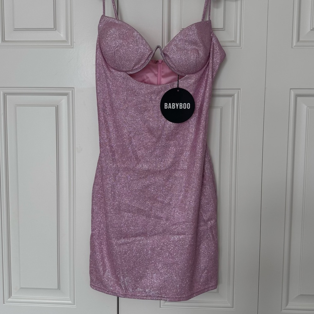 New Babyboo Mya Pink Glitter Mini Dress - Picture 2 of 9